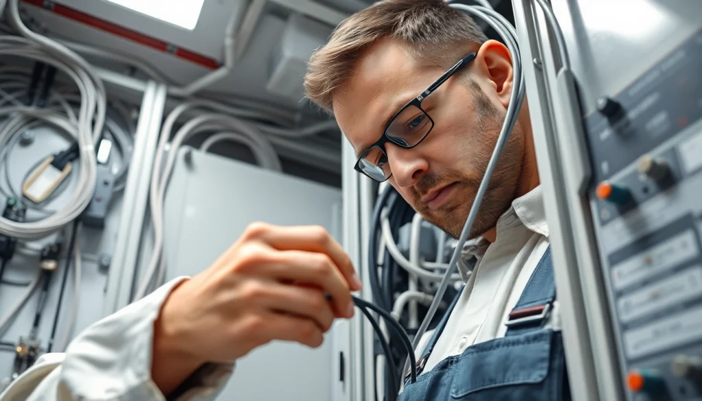 Electrician performing edmonton electrical maintenance in a professional setting.