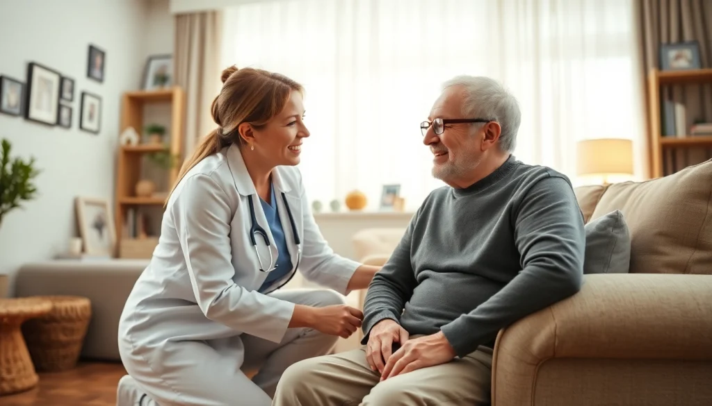 Engaged caregiver providing at home senior care to an elderly man in a cozy living room.