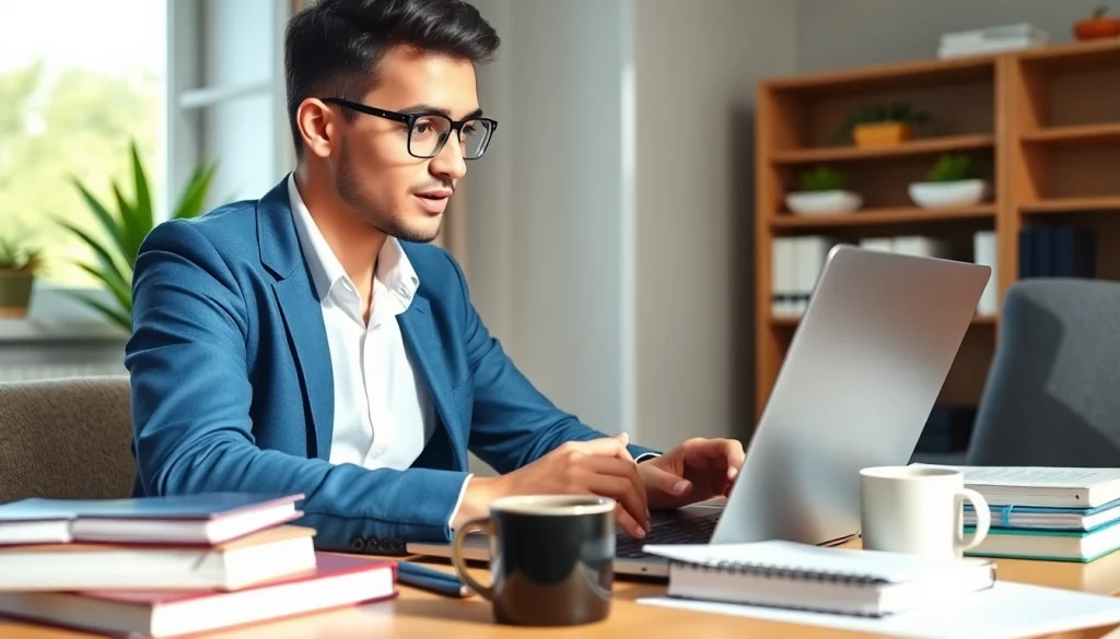 Engaging student utilizing online exam assistance tools in a modern workspace.