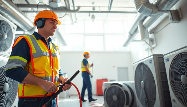 Capture of professional duct cleaning and HVAC inspection service highlighting a technician in action.