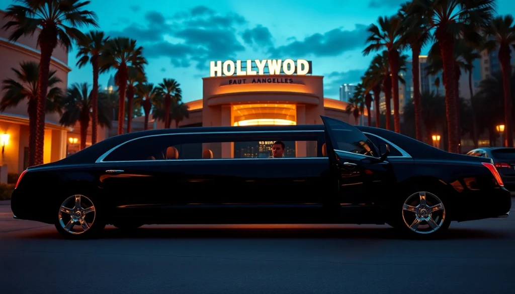 Experience Los Angeles Limo luxury with a sleek limousine ready outside a Hollywood venue, showcasing elegance and style.