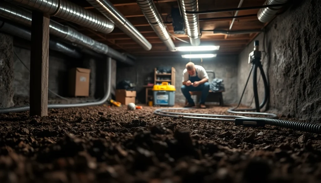 Crawl Space Restoration showcasing professionals assessing moisture in a basement environment.