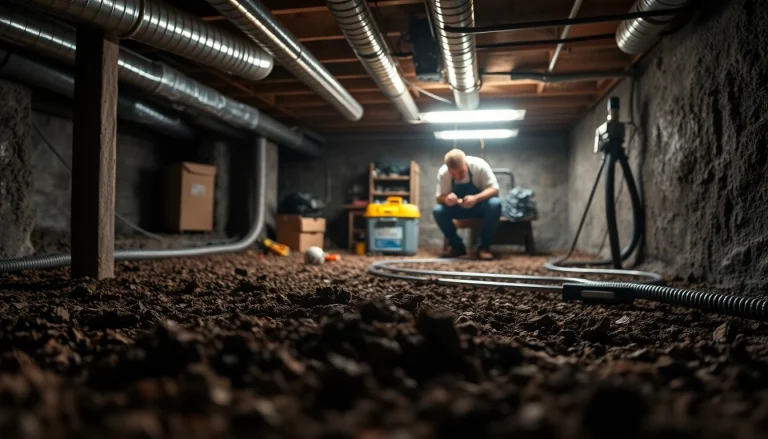 Crawl Space Restoration showcasing professionals assessing moisture in a basement environment.