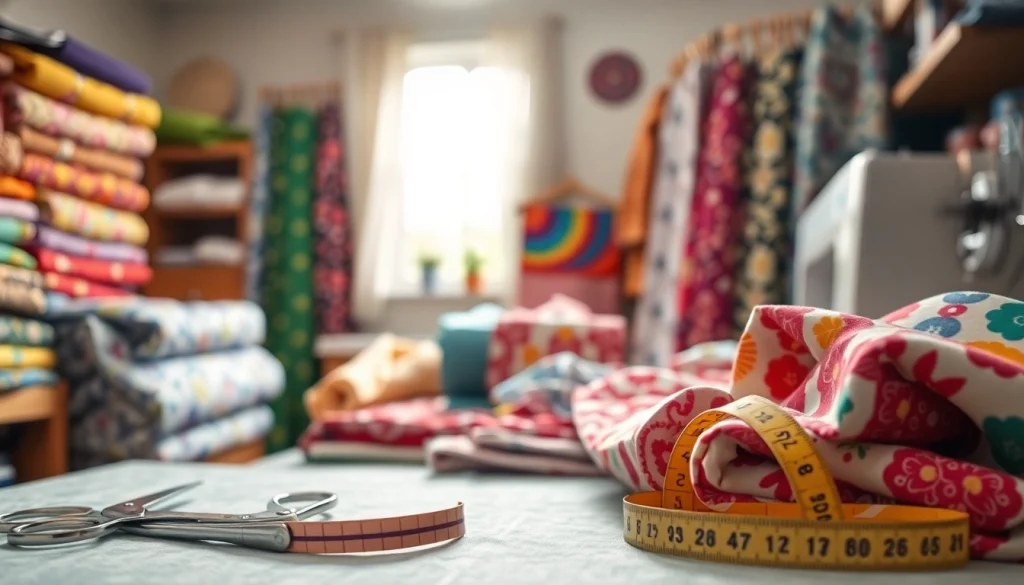 Bekijk katoen stof voor kleding met diverse patronen op een naaibank, omgeven door gereedschap.