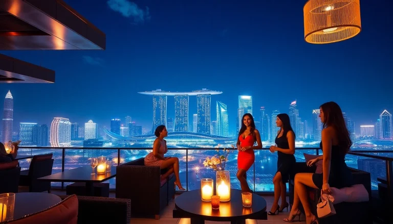 Elegant Singapore escort experience at a luxurious rooftop lounge with iconic skyline.