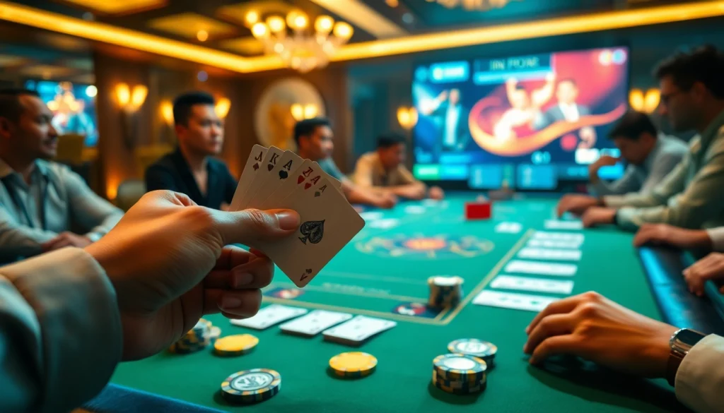 An engaging scene of IDN poker players at a lively online table, showcasing excitement and strategy.