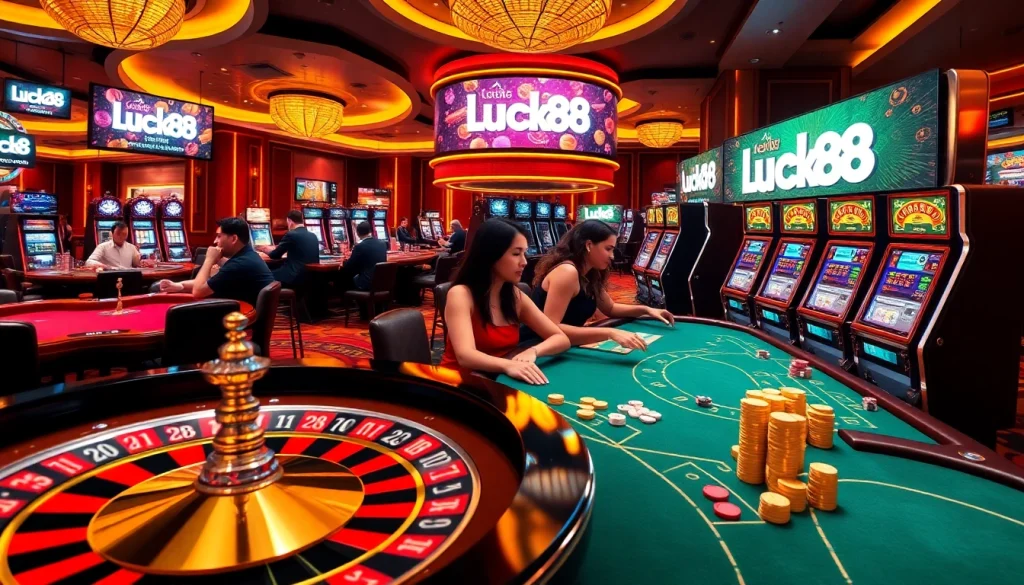 Experience the thrill of Luck88 at a bustling casino with a vibrant roulette wheel, excited players, and slot machines.