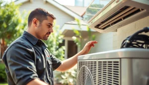 Skilled American Standard HVAC dealer servicing an air conditioning unit in a family home.