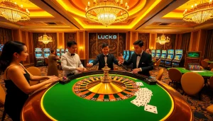 LUCK8 Casino showcasing thrilling roulette action with elegant decor and excited players.