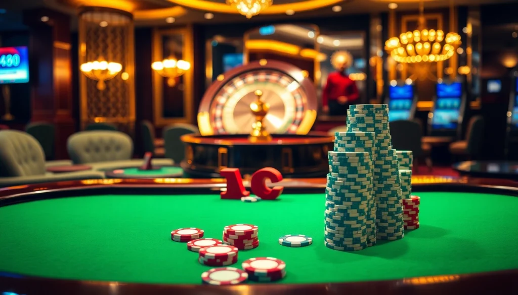 Experience the thrill at https://mm88.land/ with a luxurious casino scene featuring a polished poker table and vibrant roulette.