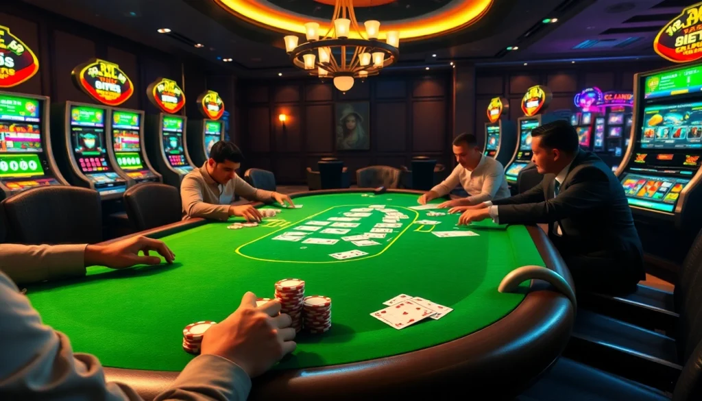 RR88 players engaging in a high-stakes poker game at a luxurious casino table filled with chips and cards.