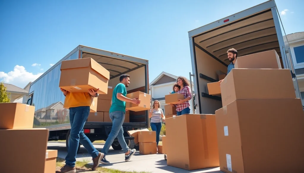 Professional movers from a moving company canada packing boxes in a sunny suburban setting.