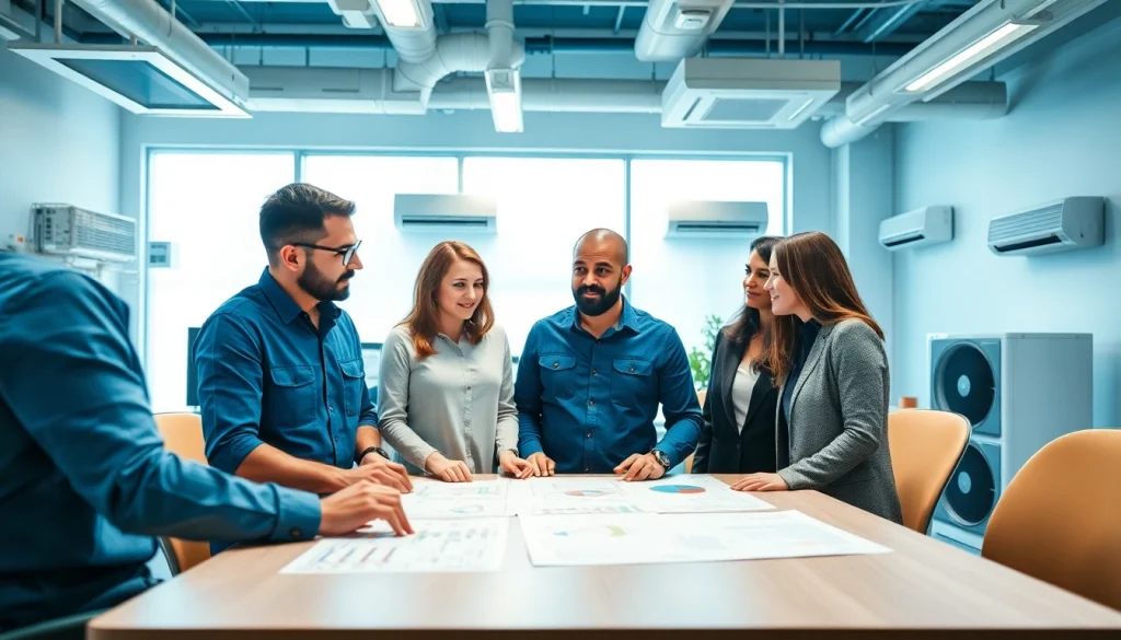 HVAC dealers collaborating on energy-efficient systems in a modern setting.