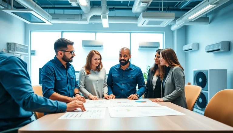 HVAC dealers collaborating on energy-efficient systems in a modern setting.