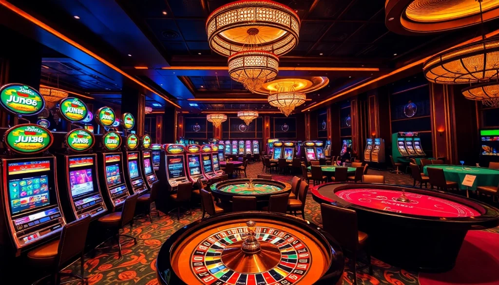 Excited players engaging in games at jun88.com, showcasing vibrant casino action with chips and cards.