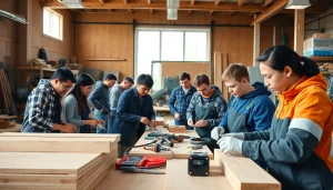 Engaged trainees in construction craft training actively working on projects in a vibrant workshop.