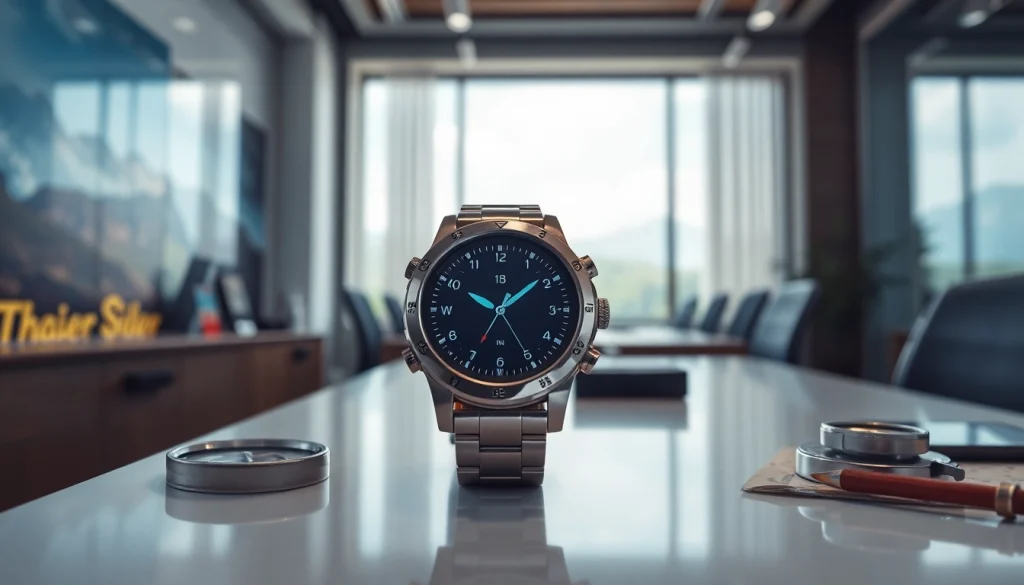 Showcase the features of the Explorer GPS Smart Watch on a stylish desk.