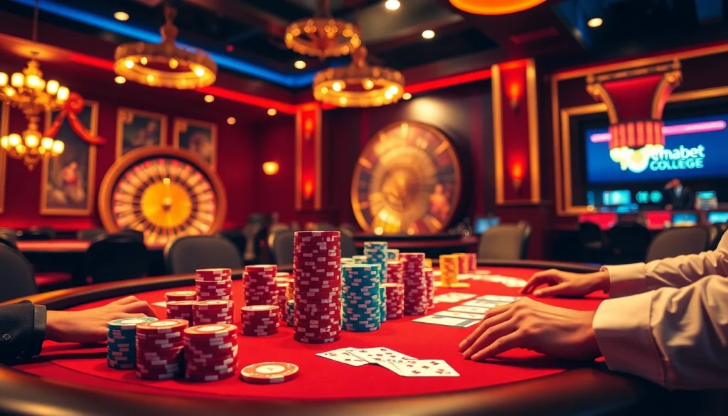 Players strategize at a lively poker table in thabet college-themed casino setting.