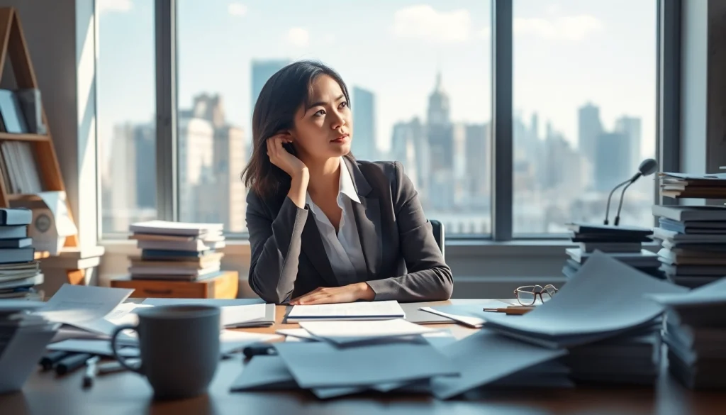 Anxiety symptoms illustrated by a professional woman in a contemplative pose at her desk.
