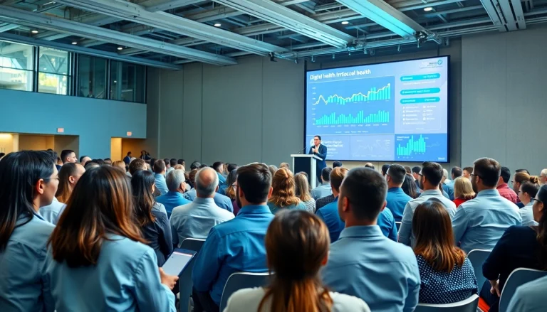 Attendees networking at the digital health and enterprise technology conference while engaging in a panel discussion.
