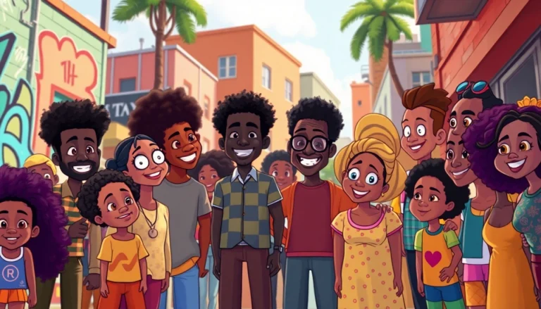 A colorful illustration of diverse characters from African American cartoons celebrating in an urban setting.