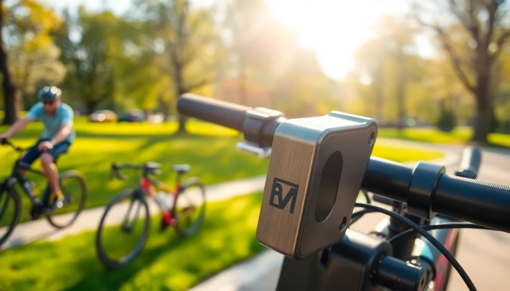 Freelock: Hochwertiger Fahrradschlossmechanismus in einem lebendigen Parkumfeld präsentiert.