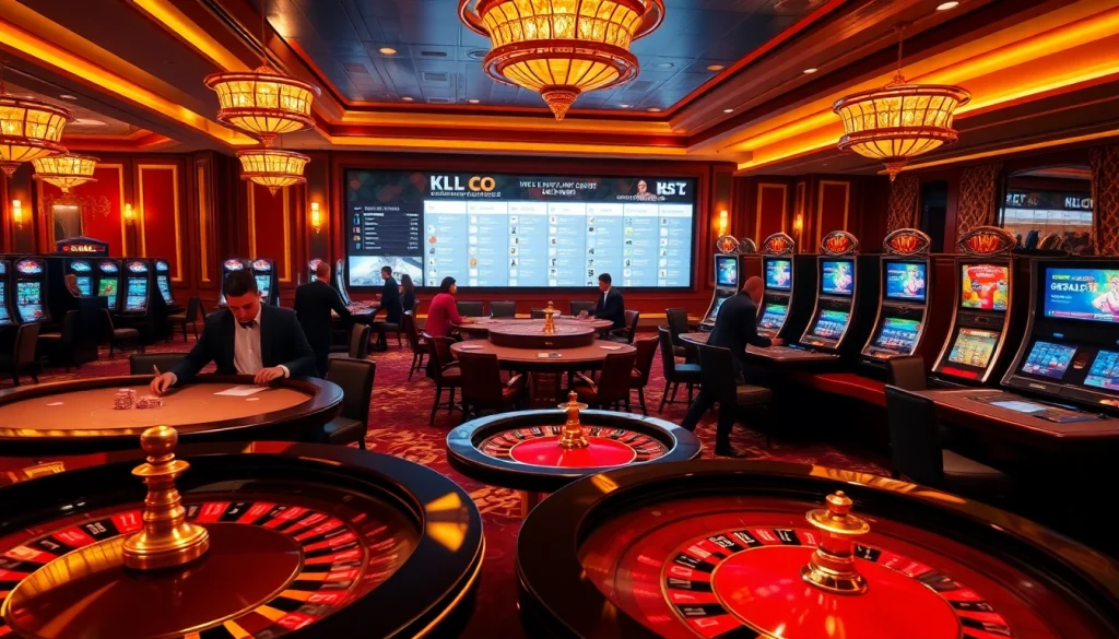 Engaging KJ C gaming scene with luxury casino tables, poker chips, and digital interfaces.