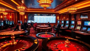 Engaging KJ C gaming scene with luxury casino tables, poker chips, and digital interfaces.