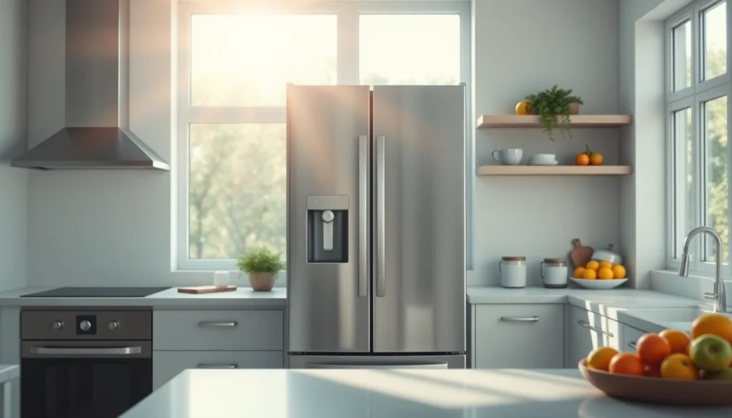 A sleek Refrigerator stands prominently in a bright modern kitchen, showcasing its elegant design.