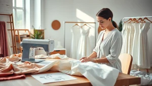 Linnen stof voor jurken wordt gebruikt door een modeontwerper in een lichte studio.