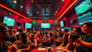 Vibrant sports betting lounge scene, capturing engagement and excitement at 토토스토리