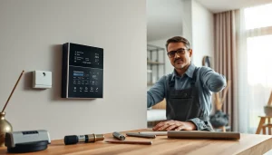 Técnico instalando alarmas de seguridad en una casa moderna para una protección mejorada.