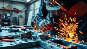 Craftsman engaged in custom metal fabrication, showcasing intricate work in a bright workshop.