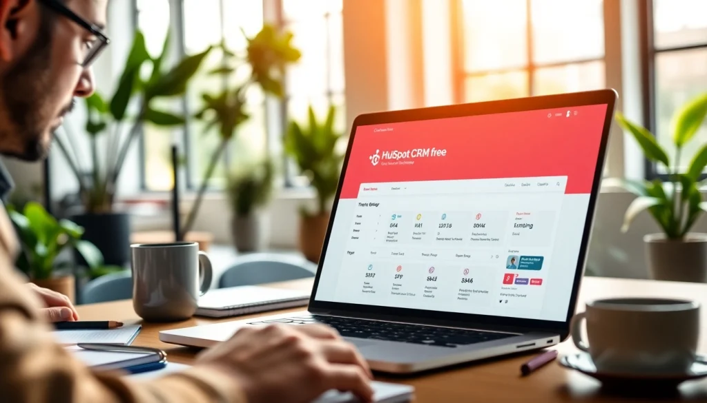 Utilizing HubSpot CRM free on a laptop in a vibrant professional workspace, enhancing productivity.