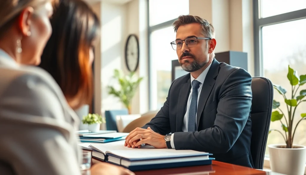 Personal Injury Lawyer in Grand Junction consulting clients with professionalism in a bright office.