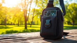 Abschließbare Handytasche mit sicherem Verschluss auf einem Holzuntergrund.