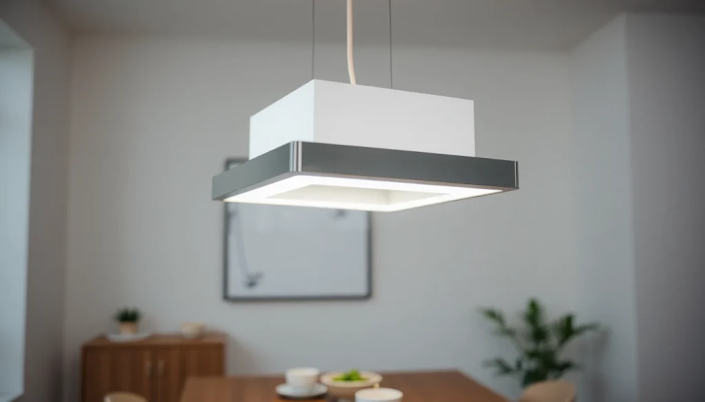 Illuminating square light fixture gracefully designs a modern dining space.