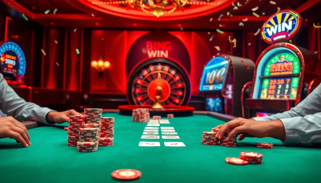 Scène passionnante du meilleur casino en ligne avec des jeux de poker, de la roulette et des machines à sous.